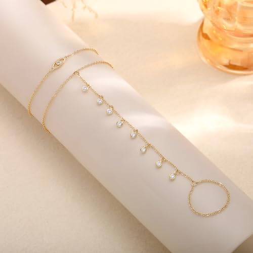 CHESKY 14k Gold Plated Hand Chain Bracelet for Women Trendy, Dainty Ring Bracelets Hand Chain Finger Nail Bracelet Simple Gold Hand Jewelry for Women Gifts - style: Eye
