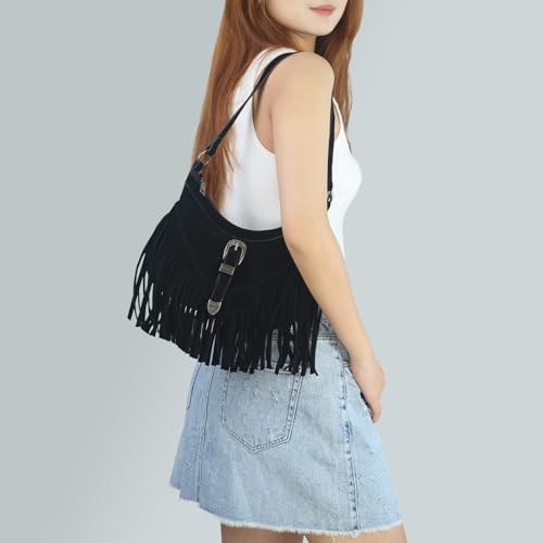 Fringe Hobo Purse for Women,Western Small Fringed Shoulder Bag Vegan Suede Hippie Crossbody Bag with Tassel - color: Black