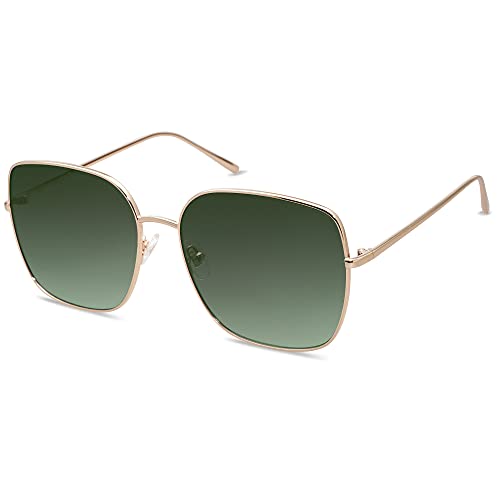 SOJOS Trendy Oversized Square Metal Frame Sunglasses for Women Men Retro Big Flat Lens UV Protection Sunglasses SJ1146 - color: Gold/Gradient Greyish-green