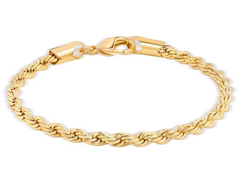 Barzel 18K Gold Plated Rope Chain Bracelet - Made In Brazil - color: 4MM, size: 7 Inches