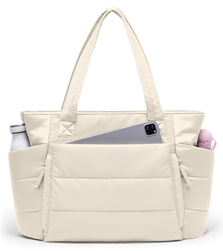 Tote Bag for Women with Zipper, Quilted Puffer Tote Bag with Compartments, Lightweight Puffy Work Bags for Women Travel - color: Beige