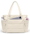 Tote Bag for Women with Zipper, Quilted Puffer Tote Bag with Compartments, Lightweight Puffy Work Bags for Women Travel - color: Beige