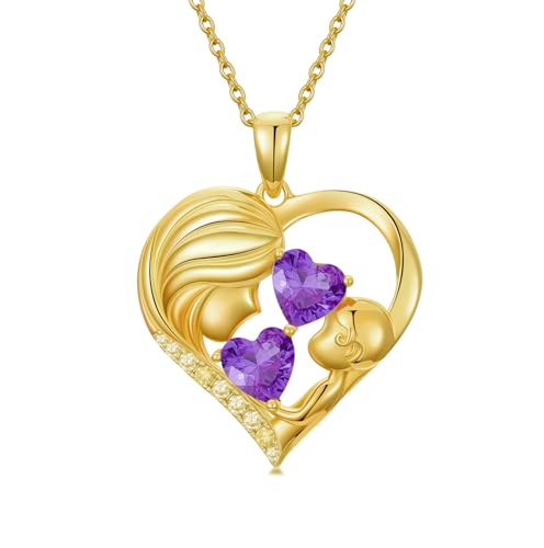 Mothers Day Gifts 14K Yellow Gold Mother Daughter Heart Pendant Necklace with 12 Months Birthstone Birthday Gifts for Mom Anniversarry Jewelry for Mom Wife Girlfriend - color: 02-02-Feb-Feb Birthstone