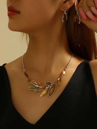 Vintage Chunky Statement Jewelry Set Retro Leaf Floral Geometric Bohemian Boho Bib Necklace Earring Set Fashion Costume Jewelry for Women Girls Wedding Party Prom Unique Gift - style: branch leaf-yellow