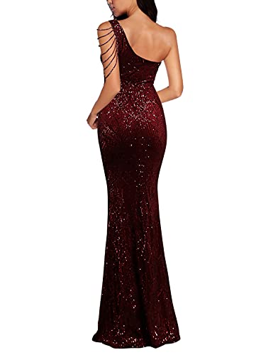 Women One Shoulder 1920s Plus Size Formal Dress Tassels Sleeve Sequins Gatsby Maxi Evening Gown - color: A-wine, size: X-Large