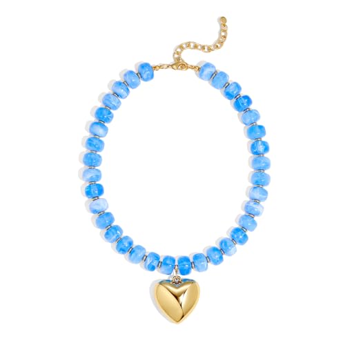 WOWORAMA Chunky Heart Necklaces for Women Colorful Resin Beaded Choker Necklace Gold Puffy Heart Statement Necklace Trendy Acrylic Choker Jewelry - color: Light-Blue