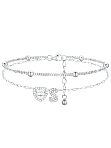 FindChic Silver/14K Gold Plated Layered CZ Initial Ankle Bracelet for Women | Waterproof Stainless Steel, Cubic Zirconia Letter Charm, Non-Tarnish, Hypoallergenic, Adjustable Extender, Summer Jewelry - color: Silver-CZ Heart, size: Small