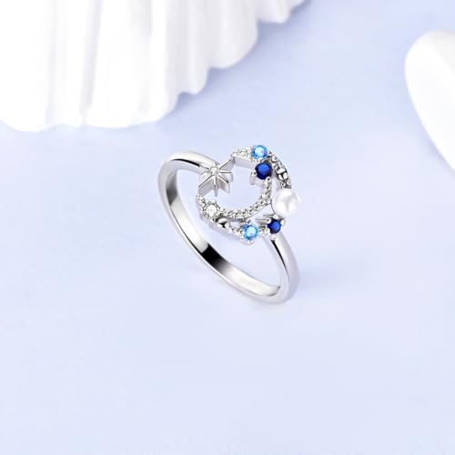 PARCOM Adjustable Women Stackable Ring, 925 Sterling Silver Open Rings - Trendy Eternity Cubic Zirconia Stackable Band Engagement Promise Ring for Her, Hypoallergenic Non Tarnish Nature Bird Floral Thumb Rings - color: Starry Night Pearl
