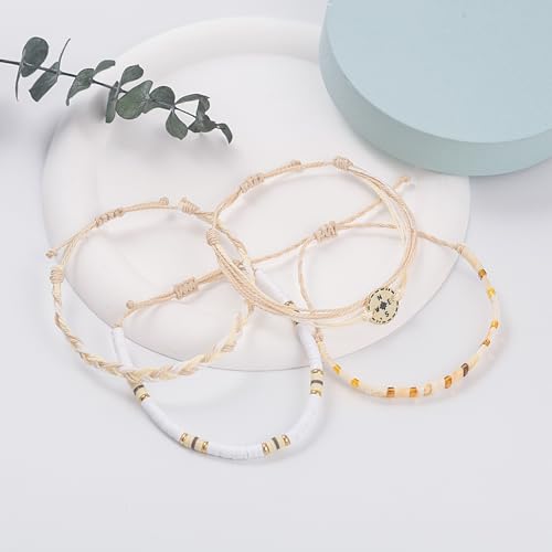 FANCY SHINY Boho Nautical Compass String Bracelets Beaded Clay Beads Bracelet Stackable Friendship Bracelets Summer Beach Outfits for Women Girls - color: Wheat