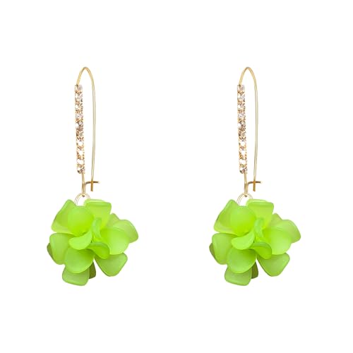 Boho Flower Dangle Earrings for Women Long Drop Resin Acrylic Tiered Petal Statement Earrings Handmade Lightweight Vintage Floral Chunky Drop Jewelry - color: Neon Green