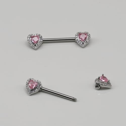 BSJ4U Nipple Ring and Belly Button Ring Set 14G Stainless Steel Sparkly Pink CZ Heart Bar Barbell Nipple Belly Piercing Body Jewelry - style: Cute