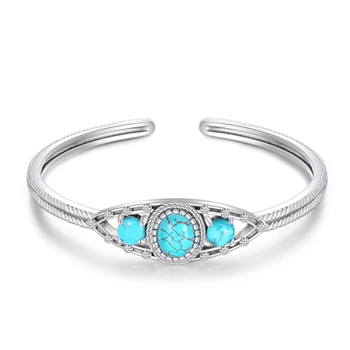 Genuine 3 Turquoise Stone Bracelet, Sterling Silver Boho Adjustable Large Bangle Cuff Native American Jewelry for Women, Fit for 6.5 7 7.5 Inches