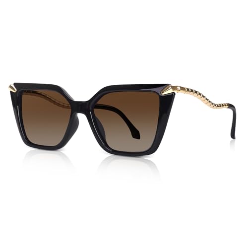 DrRelax Big Square Sunglasses Womens Retro Polarized Sun Glasses with Metal UV 400 Protection - color: Black/ Gradient Brown
