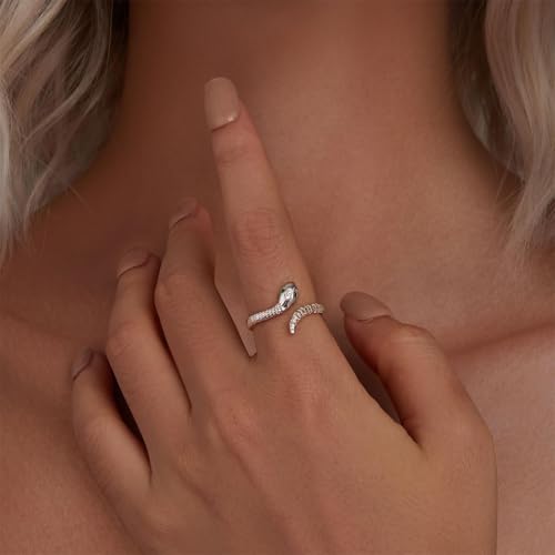 BISAER 925 Sterling Silver Ring Adjustable Cute Unique Cat Snake Butterfly Dragonfly Fashionable Ring For Women Jewelry - color: Silver Snake