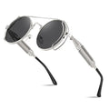 FEISEDY Aviator Sunglasses for Men Women, Retro Steampunk Gothic Round Metal Frame Hippie Glasses B2351 - color: Silver Frame With Gray Lens and Silver Leg
