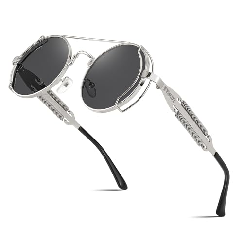 FEISEDY Aviator Sunglasses for Men Women, Retro Steampunk Gothic Round Metal Frame Hippie Glasses B2351 - color: Silver Frame With Gray Lens and Silver Leg