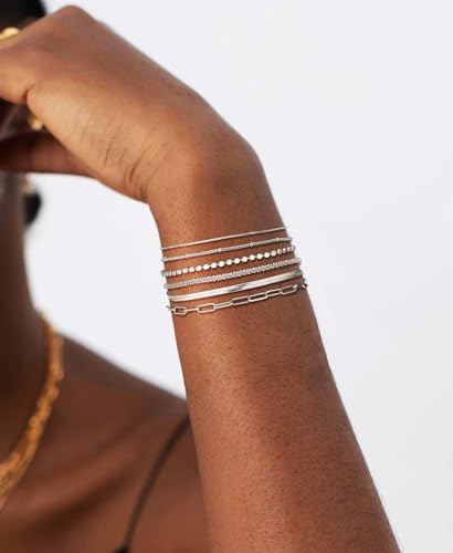 DEARMAY Sterling Silver Plated Bracelets Set for Women Waterproof, Non Tarnish Sterling Silver Link Chain Bracelets Pack Dainty, Fashion Jewelry Gifts for Everyday Comfortable - color: 6Pcs Silver Bracelets C