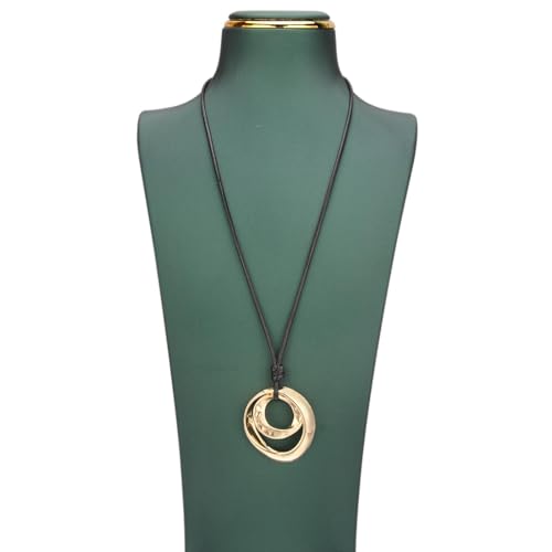 Kelake Leather Necklace for Women Men Teen Vinatge Boho Alloy Pendant Choker Jewelry Fashion Sweater Necklaces with Adjustable Genuine Leather Chain - color: Gold Double Circle Pendant
