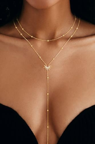 CHESKY Long Necklaces for Women, 14k Gold Plated/Streling Silver Lariat Necklace Dainty Statement Prom Necklace Rosary Cross Sun Drop Pendant Dangle Necklace Gold Prom Jewelry for Women Gifts - style: y necklace 13