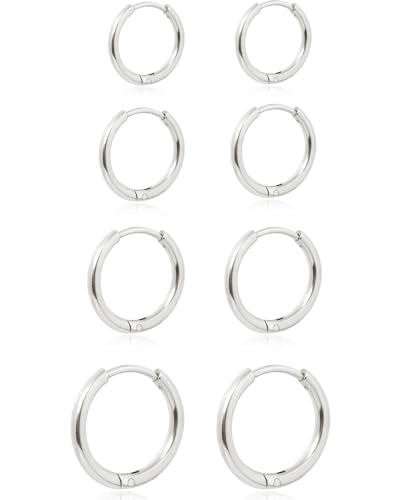 Dainty 6 Pairs Surgical Steel Earrings Sets for Multiple Piercing, Lightweight 14K Gold Plated Small Huggie Hoop Earrings, Flat Back Tiny Ball CZ Stud Earrings for Cartilage, Helix, Lobe, Hypoallergenic - style: Silver- 6/8/10/12mm Hoop Earrings