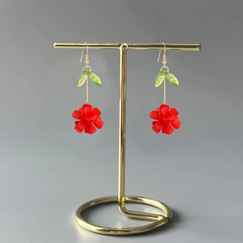 Resin Flower Cluster Ball Dangle Drop Earrings for Women Spring Summer Bohemian Floral Petal with Green Leaf Earrings Vacation Party Jewelry - color: Red