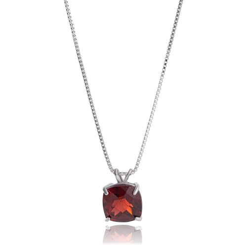 MAX + STONE Cushion Cut Gemstone Necklace | 8mm Solitaire Birthstone Necklace for Women | Gemstone Pendant Necklaces with 18 inch Box Chain - color: Garnet