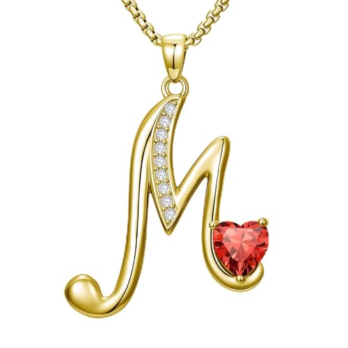 Birthday Gifts for Women 18k Gold Initial Necklaces for Women Simple Alphabets Letters with Birthstone Pendants Name Jewelry Anniversary Wedding Gifts for Sister Daughter Her (with Gift Box) - color: 07-Jul-Ruby, style: Letter M
