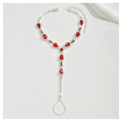 1Pair Rhinestone Tassel Anklet Barefoot Sandals Foot Chain with Toe Ring Summer Beach Crystal Hand Chain Wedding Bridal Sparkling Foot Jewelry for Women Prom - color: Red