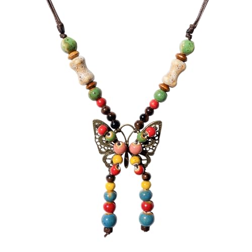 Boho Colorful Ceramic Bead Necklace for Women, Butterfly Pendant Necklace, Handmade Bohemian Statement Jewelry Gifts for Mom - color: Multi