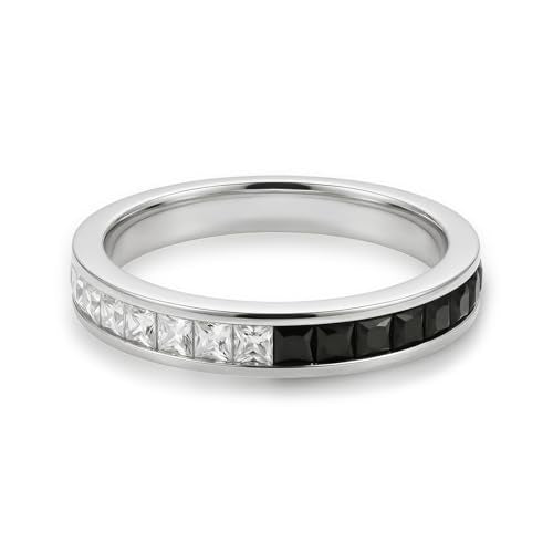 Channel Set Cubic Zirconia Eternity Band Rings for Women Men | 18k Gold Plated Cubic Zirconia,Minimalist Non Tarnish Hypoallergenic Wedding Band Stackable Ring - color: Black & White-4mm