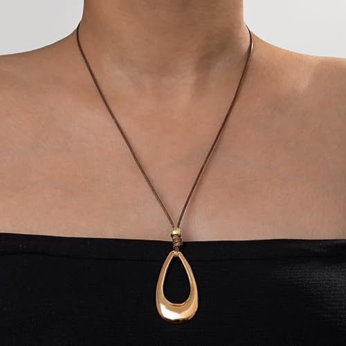 Open Teardrop Hollow Pendant Long Cord Necklace For Women Statement Minimalist Boho Chic Adjustable Two Colors Gold Color Silver Color - color: Gold