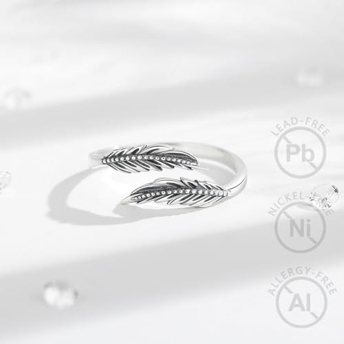 Vito 925 Sterling Silver Adjustable Open Spoon Ring for Women Men, Lotus Sunflower Snake Spoon Band Rings Feather Hug Witches Knot Inspirational Jewelry Gift for Wife - style: Feather-1