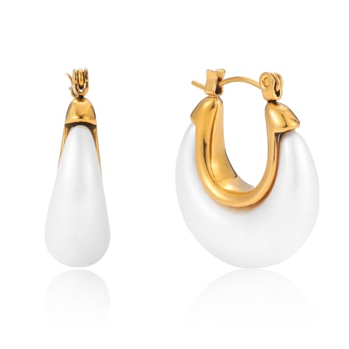 Fullpop Vintage Earrings for Women, Chunky 14K Gold Plated Resin Hoop Earrings Lightweight Hollow Drop Earrings Hypoallergenic Earrings for Women Vintage Anthropologie Jewelry Gifts for Women - size: U Shape-White