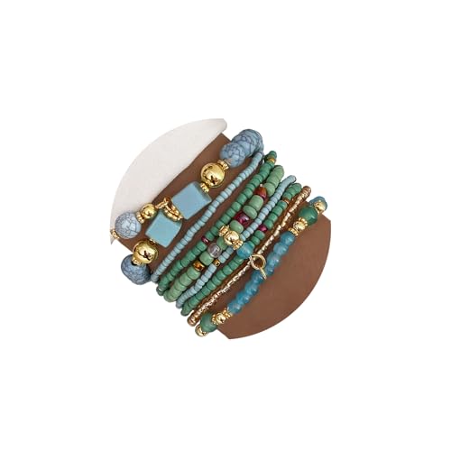 IFKM 8PCS Beaded Bracelets for Women, Multilayered Stackable Strand Stretch Bead Bracelet Pack Handmade Trendy Bohemian Charm Jewelry - color: Blue