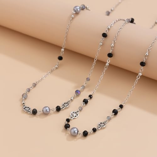 Long Necklaces for Women Pearl Necklaces for Women Long Chain Necklace Dainty Layered Pearl Necklace Statement Sweater Strand Chain Jewelry - color: Black