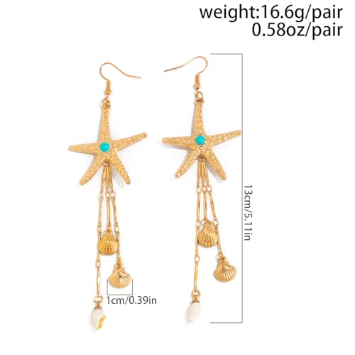 Starfish Tassel Dangle Earrings for Women Jellyfish Earrings Beach Long Dangle Drop Earring Summer Charm Earrings Ocean-Themed Dangling Earring Boho Beach Jewelry - color: Gold1