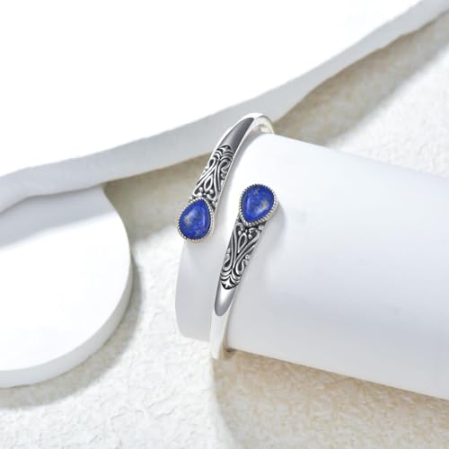 925 Sterling Silver Genuine Gemstone Bracelet for Women Men Handmade Adjustable Boho Navajo Style Bangle Cuff Natural Stone Jewelry Gift - color: Lapis Lazuli