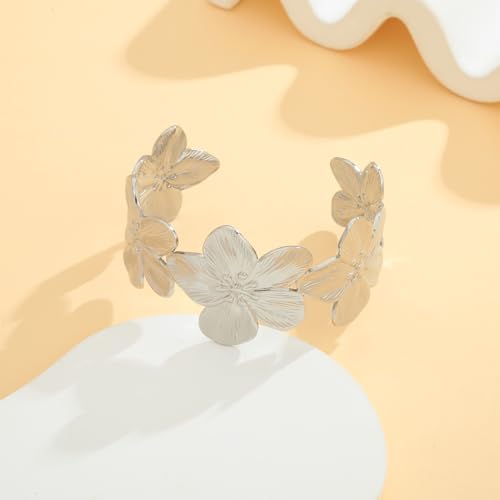 WOWORAMA Chunky Gold Cuff Bracelets for Women Vintage Gold Flower Butterfly Bracelet Trendy Boho Wide Open Cuff Bangles Matte Statement Bracelet - color: Silver Daisy Flower