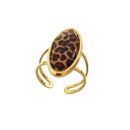 Boho Leopard Print Gold-Tone Statement Ring for Women Trendy Vintage Geometry Oval Adjustable Ring Unique Open Band Comfort Fit Punk Style 80/90s Costume Jewelry Y2K Cocktail Party Prom Accessories