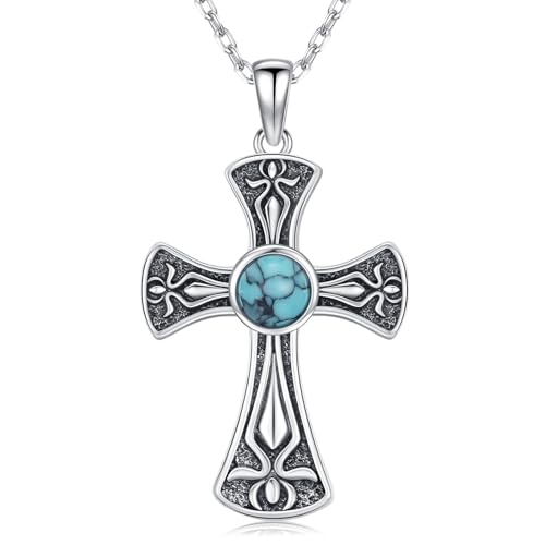 Cross Necklace 925 Sterling Silver Turquoise Christian Pendant Religious Cross Jewelry Christmas Gifts for Women Men - style: Retro