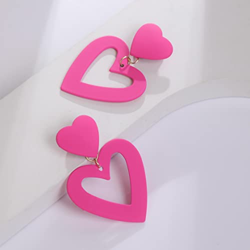 Double Heart Earrings Dangling Heart Drop Earrings For Women Love Heart Dangle Earrings Birthday Gift - color: Hot Pink