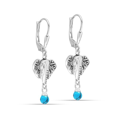 LeCalla 925 Sterling Silver Filigree Dangle Drop Leverback Earrings for Women | Long 925 Silver Dangle Leverback Earrings Hypoallergenic Filigree Tear drop Earrings Jewelry - style: Turquoise Elephant Drop-37mm