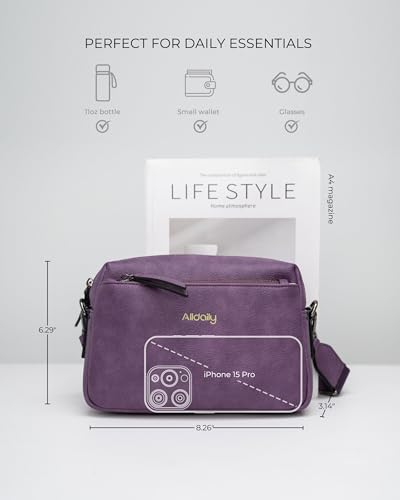 Alldaily Small Triple Zip Crossbody Purse for Women, Vegan Leather Phone Bag with Wide Shoulder Strap - color: Purple
