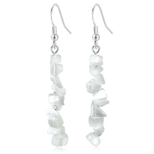 Handmade Bohemian Vintage Silver Nature Stone Beads Long Dangle Drop Earrings for Women - color: Cat Eye White