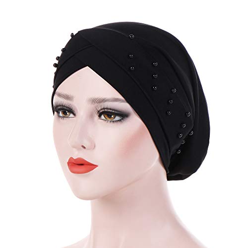 Women Beaded Silky Beanie, Pre-Tied Turban Head Wrap Cap for Chemo Chemical Cancer Hair Loss Cover Hat - color: Black