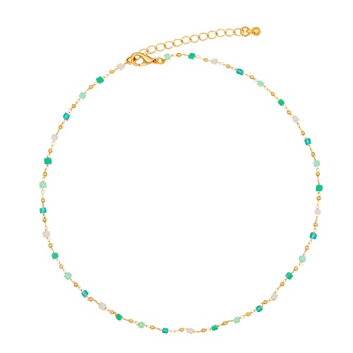 FUTIMELY Bohemia Green Beaded Beads Choker Necklace for Women,Simple Fresh Green Beaded Square Round Bead Choker Necklace - color: Gold