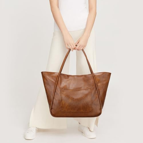 KKXIU Large Tote Bag for Women with Zipper Work Leather Travel Purse and Handbags - color: Dark Brown