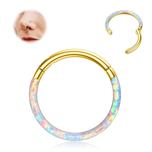 BodyBonita Hinged Opal Nose Rings Hoops - 16G/18G/20G 316L Surgical Steel Hinged Hoop Nose Rings Septum Rings Conch Helix Daith Piercing Jewelry Purple/Pink/Blue/White 10mm/8mm Silver/Gold Plated