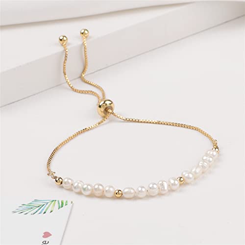 Dainty Pearl Chain Bracelets 14K Gold Bracelet for Women Adjustable Baroque Culture Jewelry Gifts for Mother Wife - color: 1-gold