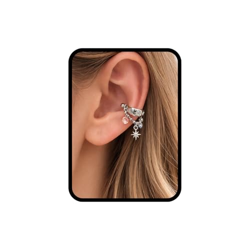 Silver Star Cartilage Huggie Earrings for Women – Crystal Celestial Charm Beaded Chain Dangle Helix Piercing Hoop Earrings, Pink Blue Y2K Vintage Trendy Jewelry Gift - color: 1PCS Silver Star